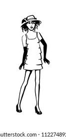 Abstract retro portrait of a woman in a hat and short dress. Girl with curls in high-heeled shoes. Fashion illustration black ink hand drawn silhouette