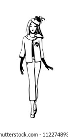 Abstract retro portrait of a woman in a hat and pantsuit. Vintage lady in high-heeled shoes. Fashion illustration black ink hand drawn silhouette