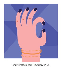 Abstract retro poster. Bright square banner with blue background and hand or palm showing ok gesture. Trendy design element for postcards and decor. Cartoon flat vector illustration in vintage style