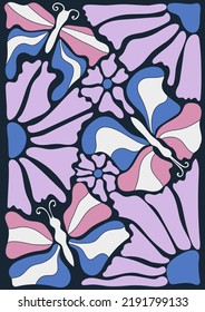Abstract retro poster with butterflies and flowers in naive style. Seventies, groovy background. Hippie Aesthetic. Vector print