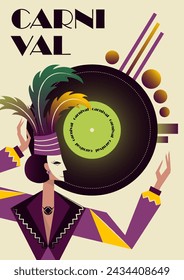 Abstract retro poster with carnival queen. Masquerade card with costumed character. Theater poster. Flat vector illustration.