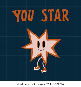 Abstract retro poster with cartoon. Illustration of a retro doodle-style character. The star of the 70s with the inscription postcard. Vector illustration