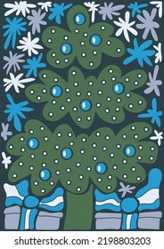 Abstract retro poster with christmas tree, gift boxes and snowflakes in naive style. Merry Christmas and happy new year. Holiday concept. Seventies, groovy background. Hippie Aesthetic. Vector print