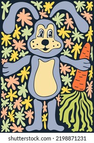 Abstract retro poster with cute rabbit in naive style. Fanny animal. Seventies, groovy background. Hippie Aesthetic. Vector print