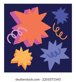 Abstract retro poster. Dark geometric banner with square white frame, stars and 3D explosions. Trendy design element for banner and print on fabric. Cartoon flat vector illustration in vintage style