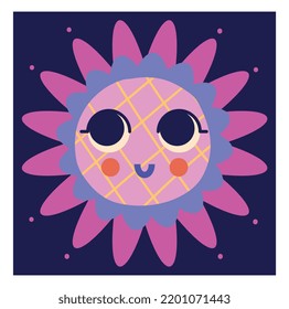 Abstract retro poster. Dark square banner with cute comic flower character with eyes and smile. Trendy design element for postcards and decor. Cartoon flat vector illustration in vintage style