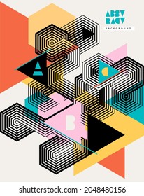 Resumen de diseño de afiches retro. Fondo geométrico con hexágono de colores y líneas negras. Composición vectorial dinámica