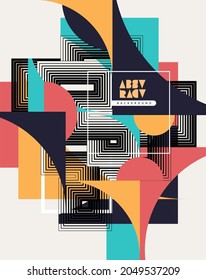 Abstract retro poster design. Geometric background with colored squares, circles and black lines. Dynamic template for cover, flyer, brochure and web.