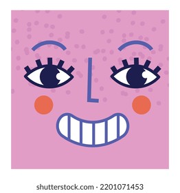 Abstract retro poster. Funny cover with face of comical smiling character on pink background. Trendy design element for banner and print on fabric. Cartoon flat vector illustration in vintage style