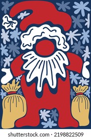 Afiche retro abstracto con santa claus y copos de nieve de estilo ingenuo. Feliz Navidad y feliz año nuevo. Concepto de vacaciones. 70 años, de fondo arrogante. Estética hippie. Impresión de vectores
