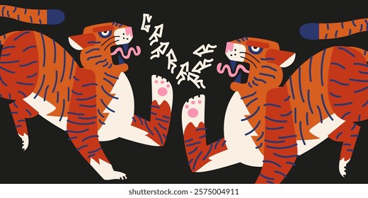 Abstract retro poster with tigers. Asian, Japanese and Chinese oriental style. Cartoon vector illustration for banner, cover, postcard, stickers, t shirt