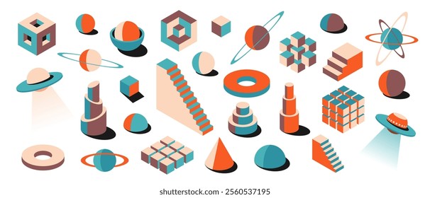 Abstract retro psychedelic 3D shapes collection with vibrant colors. Planets, UFOs, cubes and spheres in vintage brutalist style. Perfect for posters, wall art or creative design templates