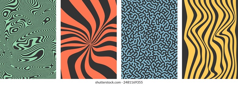 Abstract retro psychedelic groovy backgrounds with waves, swirl, twirl and lines. Y2K aesthetics. Twisted and distorted vector trendy textures for wrapping, textile, posters, social media.