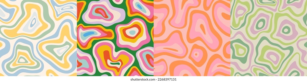Abstract retro psychedelic seamless pattern illustration with colorful trippy shapes in vintage art style. 60s hippie wallpaper print set, groovy melting background design collection.