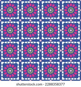 Abstract Retro Quilt Design Seamless Vector Design Trendy Fashion Colors Perfect for Allover Fabric Print or Wrapping Paper Royal Blue Pink Tones