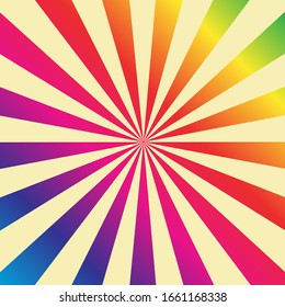 An abstract retro rainbow colored sunburst background image. 