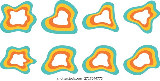 Um desenho abstrato de arco-íris retro com curvas em negrito e uma paleta de cores nostálgicas.
