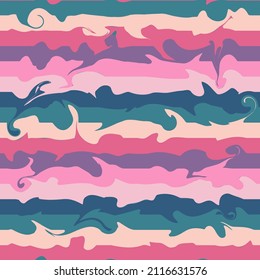 Abstract retro rainbow seamless pattern background. Pink, blue, violet. Psychedelic Aesthetic 70s-90s vector illustration