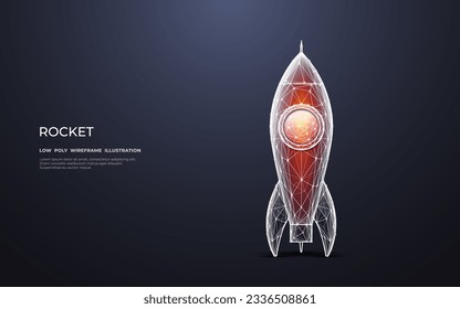 Abstract retro rocket consists of polygons, lines, and connected dots with bright color effects. Digital spaceship stands before launch. Low poly wireframe with doodle outline. Vector illustration.
