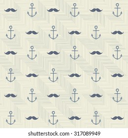 abstract retro seamless pattern with anchors and mustache on texture background