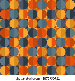 Abstract retro seamless pattern design with circles and squares - red, blue, orange, and yellow colors