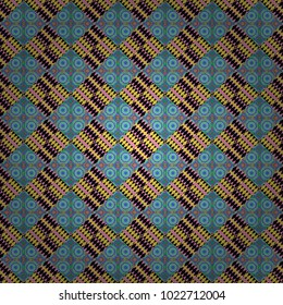 Abstract retro seamless pattern of geometric shapes. Vector illustration. Colorful mosaic backdrop in black, green and pink colors. Geometric hipster tiles background.