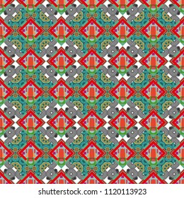 Abstract retro seamless pattern of geometric shapes. Geometric hipster tiles background. Colorful mosaic backdrop in green, blue and pink colors. Vector illustration.