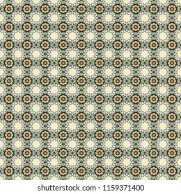 Abstract retro seamless pattern of geometric shapes. Colorful mosaic backdrop in white, brown and green colors. Vector illustration. Geometric hipster tiles background.