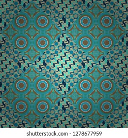 Abstract retro seamless pattern of geometric shapes. Vector illustration. Colorful mosaic backdrop in blue, gray and green colors. Geometric hipster tiles background.