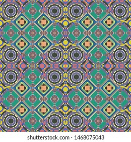 Abstract retro seamless pattern of geometric shapes. Vector illustration. Colorful mosaic backdrop in green, gray and violet colors. Geometric hipster tiles background.