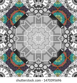 Abstract retro seamless pattern of geometric shapes. Vector illustration. Colorful mosaic backdrop in gray, brown and blue colors. Geometric hipster tiles background.