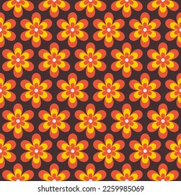 Abstract retro seamless pattern with geometric daisy flowers on a brown background. Colorful groovy vector illustration in style 60s, 70s