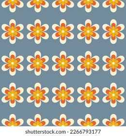 Abstract retro seamless pattern with geometric daisy flowers on a blue background. Colorful groovy vector illustration in style 60s, 70s