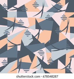 Abstract retro seamless pattern of geometric shapes. Colorful mosaic backdrop in trend colors.. Geometric hipster triangle background.  