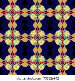 Abstract retro seamless pattern of geometric shapes. Colorful mosaic backdrop in yellow, blue and black colors. Geometric hipster tiles background. Vector illustration.