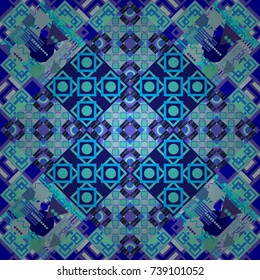 Abstract retro seamless pattern of geometric shapes. Colorful mosaic backdrop in blue, violet and green colors. Geometric hipster tiles background. Vector illustration.