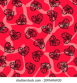 Resumen de un patrón retro sin fisuras con corazones sobre fondo rojo. Motivo de verano. Se puede usar para tela, tela, textil, papel pintado, cubiertas, alfombra y decoración casera. 