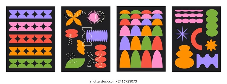 Abstract retro set colorful backgrounds with brutal geometric shapes on a black background. Trendy vector illustration