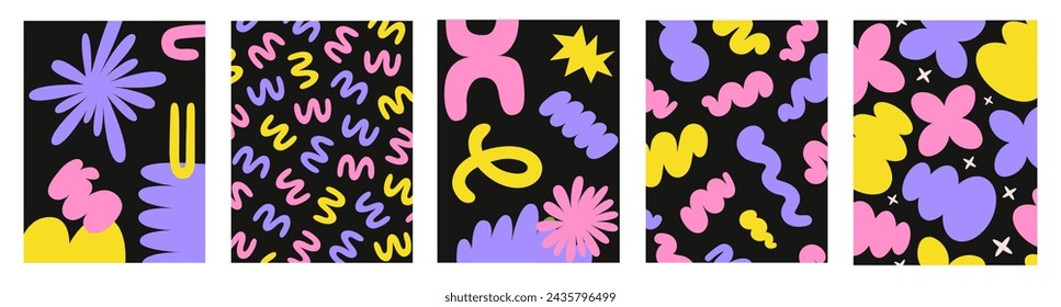 Abstract retro set colorful backgrounds with naive playful shapes on a black background. Trendy vector illustration