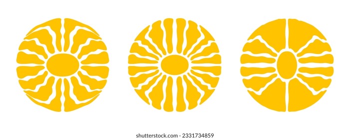 Abstract retro set groovy sun icon with bright sunburst in style 60s, 70s. Trendy colorful graphic print. Vector illustration