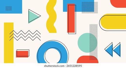 Abstractas Formas retro Anuncio y formas, arte geométrico de Memphis con figuras de colores atrevidos y decoraciones de contorno. Fondo de pantalla de Vector.