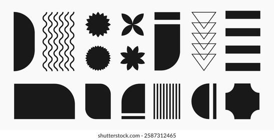 Abstract retro shapes, basic bold brutal forms and figures in Y2K aesthetics, vintage stickers, logos, labels. Decorative design elements, vector illustration.