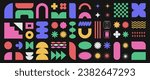 Abstract retro shapes, basic brutal forms and figures in Y2K aesthetics, vintage stickers, logos, labels. Decorative design elements, vector illustration.