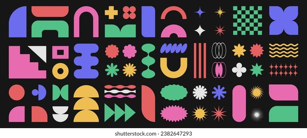 Abstract retro shapes, basic brutal forms and figures in Y2K aesthetics, vintage stickers, logos, labels. Decorative design elements, vector illustration.