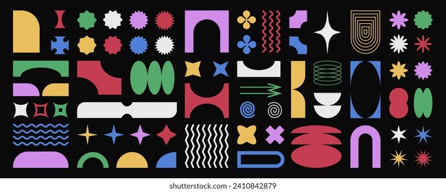 Abstract retro shapes, basic brutal forms and figures in Y2K aesthetics, vintage stickers, logos, labels. Decorative design elements, vector illustration.