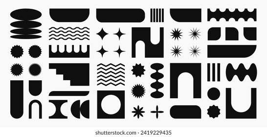 Abstract retro shapes, basic brutal forms and figures in Y2K aesthetics, vintage stickers, logos, labels. Decorative design elements, vector illustration.