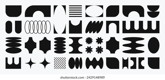 Abstract retro shapes, basic brutal forms and figures in Y2K aesthetics, vintage stickers, logos, labels. Decorative design elements, vector illustration.