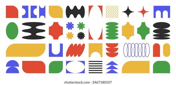 Abstract retro shapes, basic brutal forms and figures in Y2K aesthetics, vintage stickers, logos, labels on the white background. Decorative design elements, vector illustration.