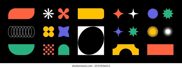 Abstract retro shapes, basic brutal forms and figures in Y2K aesthetics, vintage stickers, logos, labels. Decorative design elements, vector illustration.