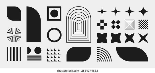Abstract retro shapes, basic brutal forms and figures in Y2K aesthetics, vintage stickers, logos, labels. Decorative design elements, vector illustration.